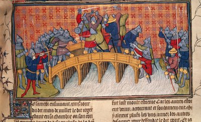 Royal 20 C. VII, fol. 137 Bitva na mostě přes Seinu během stoleté války, z 