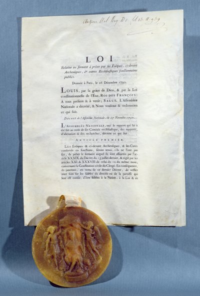 Královský dekret Ludvíka XVI., kterým se potvrzuje povinnost francouzských biskupů a kněží složit přísahu věrnosti Civilní ústavě kléru, 16. prosince 1790 (tištěný papír a vosková pečeť) od French School