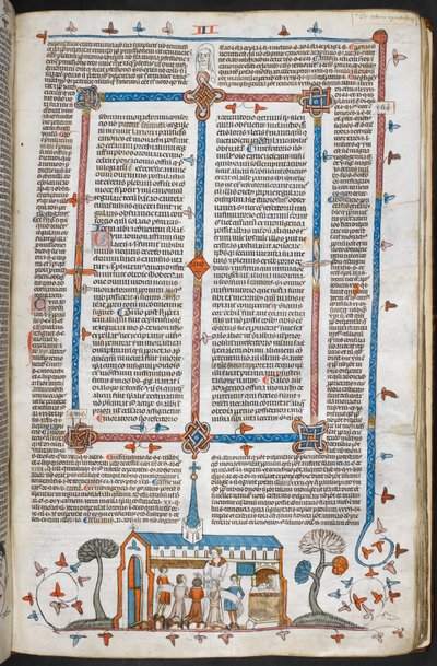 Royal MS 10 E IV f.211r, basdepage scéna komunikujících na mši, cca 1300-40 (pero & tuš a tempera na pergamenu) od French School
