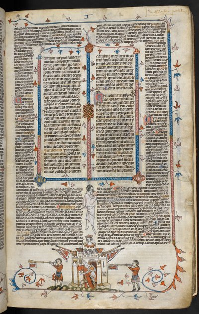 Royal MS 10 E IV f.66r, basdepage scéna rytíře na koni vycházejícího z hradu, cca 1300-40 (pero, inkoust a tempera na pergamenu) od French School