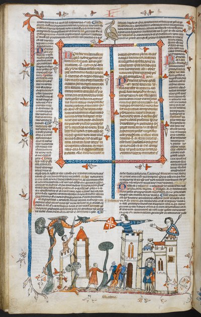 Royal MS 10 E IV f.88v, basdepage scéna draka útočícího na hrad, cca 1300-40 (pero, inkoust a tempera na pergamenu) od French School