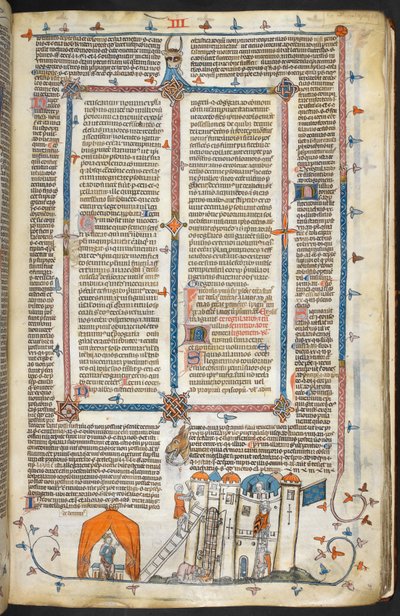 Royal MS 10 iv f.202r Attacking a Fortified Castle and Marginal Decoration, ilustrace z 