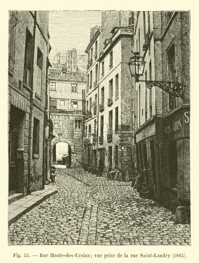 Rue Haute-des-Ursins; pohled z rue Saint-Landry, 1865 od French School