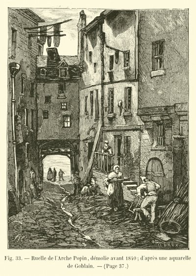 Ruelle de lArche Popin, zbořený před rokem 1840; po akvarelu od Goblaina od French School