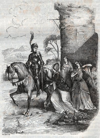 Ruggiero a tři nymfy ze dvora Alcina - rytina z roku 1851 z básně Orlando furioso od French School