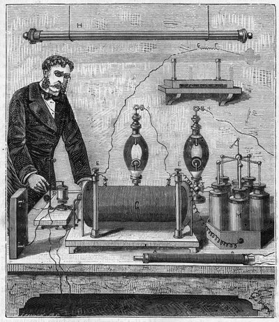 Ruhmkorffův induktor – Indukční cívka od Ruhmkorffa (Heinrich Daniel Ruhmkorff) – Rytina „“ Vědy dostupné všem – fyzika a chemie““ od Alexise Clerca – Konec 19. století – Soukromá sbírka od French School