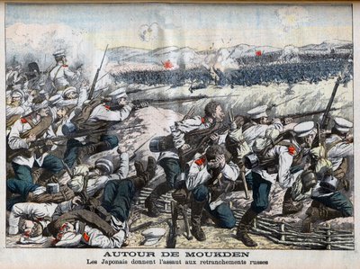 Rusko-japonská válka – japonský útok na ruské zákopy u Mukdenu, rusko-japonská válka. Kolem Moukdenu. Japonci útočí na ruské zákopy. Ilustrace pro Le petit Journal, 2. října 1904. od French School