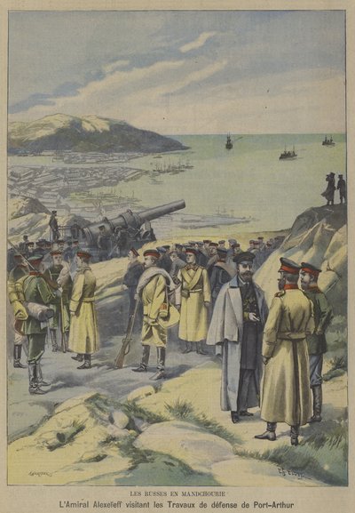 Ruský admirál Jevgenij Aleksejev na návštěvě budované obrany v Port Arthur, Mandžusko, v předvečer rusko-japonské války (barevné lito) od French School