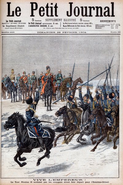 Rusko-japonská válka 1904-1905 – Kozáci oslavující cara Mikuláše II. před odjezdem na Dálný východ bojovat s Japonci v „Le Petit Journal“, 28. února 1904 (rytina) od French School