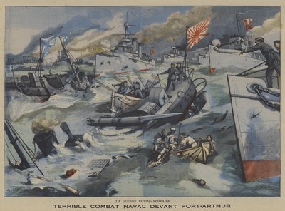 Rusko-japonská válka: námořní bitva u Port Arthuru (barva litho) od French School