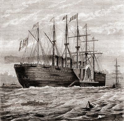 SS Great Eastern, železná plachetní parní loď navržená Isambard Kingdom Brunelem, z Les Merveilles de la Science, publikovaná kolem roku 1870 (rytina) od French School