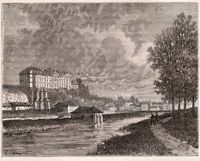 Sable-sur-Sarthe (Sable sur Sarthe) - rytina v „La France illustree: geografie, historie, statistická správa“ od V.A. Sladově hnědá. 1884 od French School