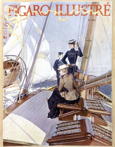 Plachtění: ženy na palubě člunu – kresba „“ Figaro illustrated““ z roku 1891, Arts Deco. od French School