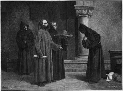 Svatý Bonaventura (Giovanni di Fidanza, známý jako doktor Seraphique, San Bonaventura) (1221-1274) přijímající klobouk kardinála. V roce 1273 byl vysvěcen na kardinála-Eveque z Albana Gregoirem X. v roce 1273. Rytina Baucharta ze Santarova obrazu. od French School