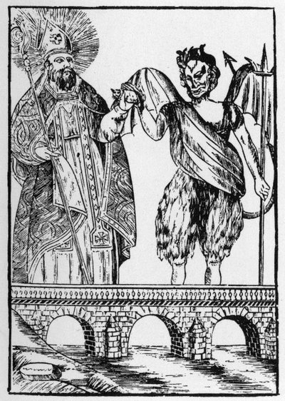 Svatý Cado (nebo Cadoc nebo Catuod nebo Catoc nebo Cazut nebo Cadochus) legendární svatý Christian dává kočku ďáblovi výměnou za stavbu mostu - oblíbené obrázky Perret od French School