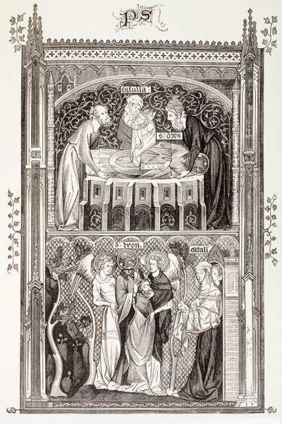 Saint Denis, z knihy „Vojenský a náboženský život ve středověku“ od Paula Lacroixe, vydaná v Londýně kolem roku 1880 od French School