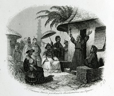 Svatý František Xaverský káže křesťanství v Japonsku. Rytina k ilustraci historie a popisu Japonska od Pere de Charlevoix, redaktoři A.Mame et Compagnie, Tours od French School