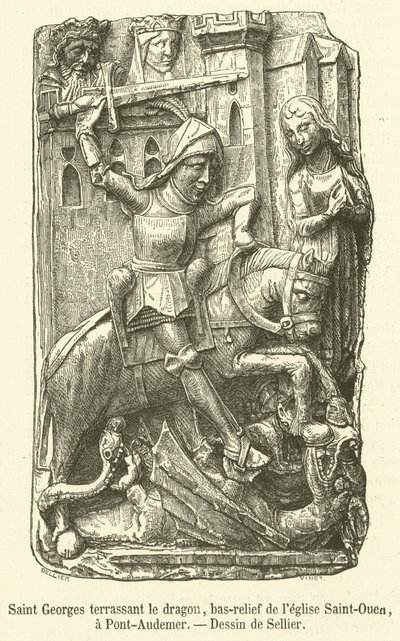 Saint George zabíjející draka, basreliéf kostela Saint-Ouen, v Pont-Audemer (rytina) od French School