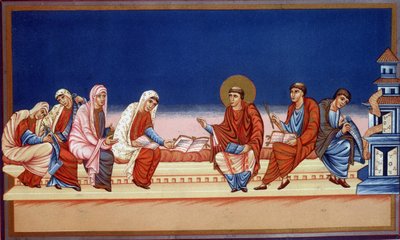Svatý Jeroným vysvětlující evangelium Eustochii a Paule, 9. století. od French School