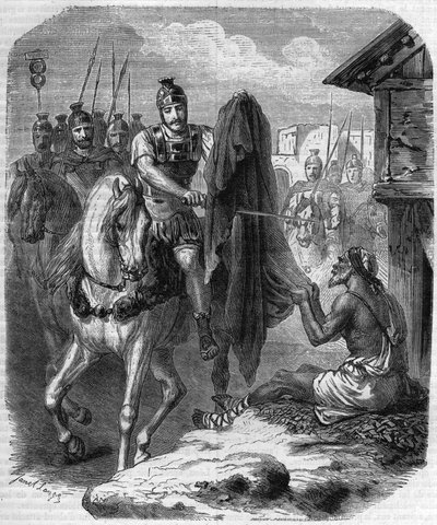 Svatý Martin de Tours (Saint-Martin-de-Tours, v. 316-397) vyrábí dva kusy svého kabátu, aby ho dal chudému muži. Rytina v „Histoire des Papes-Rois-Queen and Empereurs a travers les století“ od Maurice Lachatre od French School