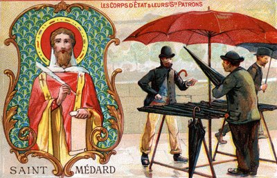 Saint Médard, sateenvarjomyyjien suojeluspyhimys, n. 1910 (väri litho) od French School