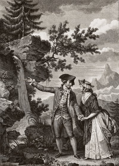 Rytina Saint Preux a Julie z roku 1793 pro „Julie ou la nouvelle Heloise“ od švýcarského filozofa Jean Jacques (Jean-Jacques) Rousseau (1712-1778) – Julie a Saint-Preux, ilustrace z „La Nouvelle Heloise“ od R. Jean-Jacseau (1712-78) (rytina) od French School