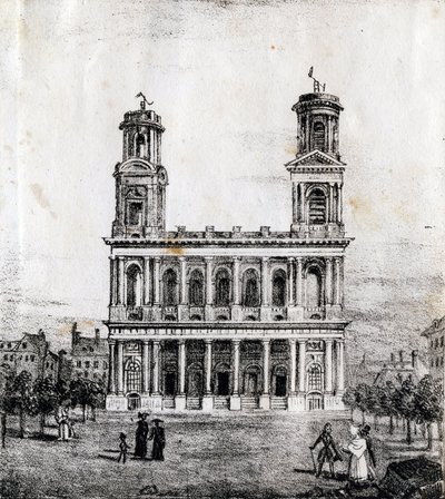 Kostel Saint Sulpice, Paříž - "Alphabet Picturesque des Monumens de Paris" c.1840 (rytina) od French School