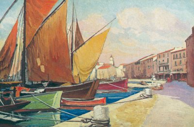 Saint Tropez: Plachetnice v přístavu (barevná litografie) od French School