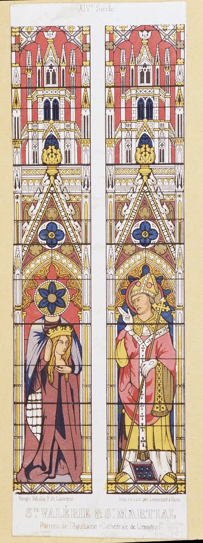 Svatá Valerie, panna a mučednice v Limoges (3. století) a Saint Martial, předvečer Limoges (3. století), patroni Akvitánie. Fac simile reprodukující okna z barevného skla Cathedrale de Limoges. od French School