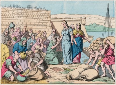 Sainte Genevieve rozdává lidem jídlo během obléhání Paříže armádou Hunů z Attily v roce 451 (barbarské invaze) - Sainte Genevieve a lid Paříže - Rytina konce 19. století v „Nos Gires Nationales - Obrázky od French School