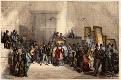 Prodej obrazů v hotelu dražitelů v Paříži v roce 1868. Rytina „“L
