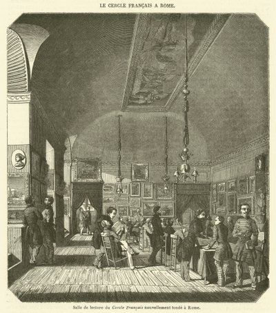 Čítárna nově založeného Francouzského klubu v Římě (rytina) od French School