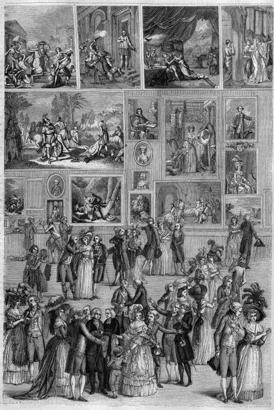 Salon de 1787: pohled na Salon Carre v Louvru během výstavy obrazů v Paříži. Rytina od Martiniho v „“The Picturesque Store““ od French School