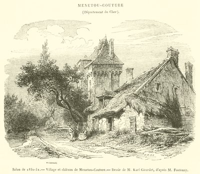 Obývací pokoj z let 1850-51, vesnice a hrad Menetou-Couture (rytina) od French School