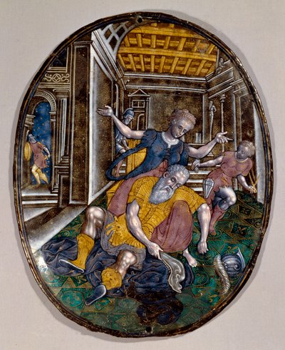 Samson a Dalila Samsonovi ztrácejí sílu poté, co si Dalila ostříhala vlasy. Brožura Limoges. cca 1575 Londýnské Victoria and Albert Museum od French School