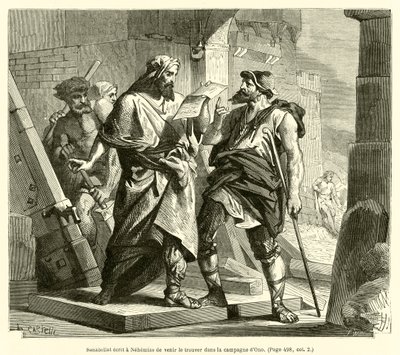Sanaballat píše Nehemiasovi, aby ho přišel najít na venkově Ono (rytina) od French School