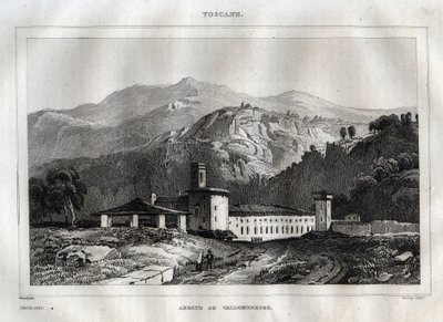Benediktinské opatství Santa Maria di Vallombrosa nacházející se v obci Reggello, v Toskánsku - Opatství Vallombrosa - Rytina z „“Itálie malebné”” - Historická a popisná malba Itálie”” od M. de Norvinse, Ch. Nodier 1834-1836. od French School