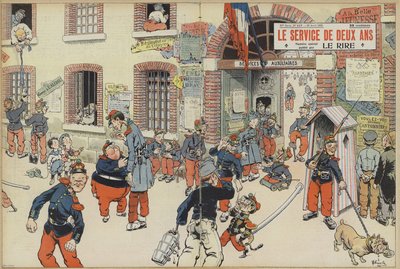 Satira na zavedení branné povinnosti do francouzské armády. Ilustrace pro Le Rire (barevné lito) od French School