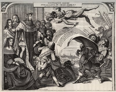 Satirická alegorie na vzestupu obléhání Arrasu v roce 1654 po korunovaci Ludvíka XIV. (1638-1715). Vlevo dole je královna Anna Rakouská (1601-1666). Stojící vedle Ludvíka XIV. a nalevo od krále kardinál Jules Mazarin (1602-1661). Engravi od French School
