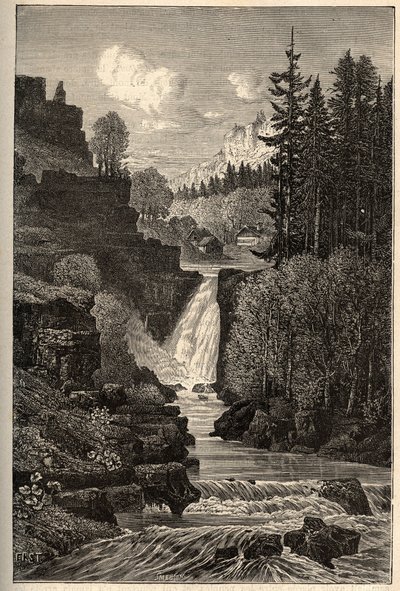 Saut du Doubs (vodopád) Franche-Comte - rytina „“ PATRIE““ - PECTURESSE POPIS FRANCIE V 6 SVAZTECH LUCIEN HUARD - konec 19. stol. od French School