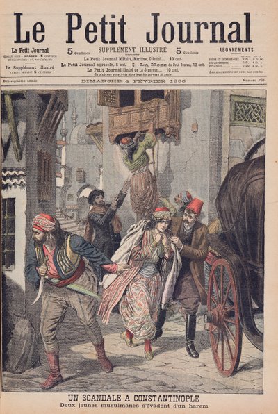 Skandál v Konstantinopoli, dvě mladé muslimky prchají z harému, ilustrace z "Le Petit Journal", 4. února 1906 od French School
