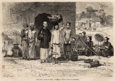 Scene du marche de Saigon, rytina podle kresby D. Maillarda, ilustrující plavbu do Cochinchine, od doktora Morice, v roce 1872, publikovaná v „“Le tour du monde““ 1875, editoval Edouard Charton, vydání Hachette, Paříž. Kolekce Selva. od French School