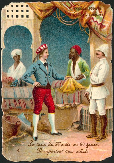 Scéna z Around the World in Eighty Days, Jules Verne (chromolitho) od French School