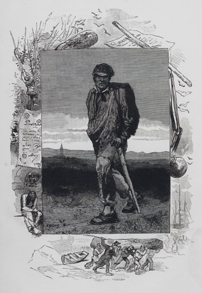Scéna z Les Miserables, Victor Hugo: Jean Valjean (rytina) od French School