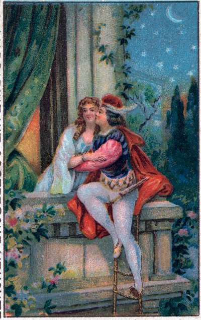 Scéna ze Shakespearova dramatu "Romeo a Julie", 3. dějství, 5. scéna: milenci na balkoně. od French School
