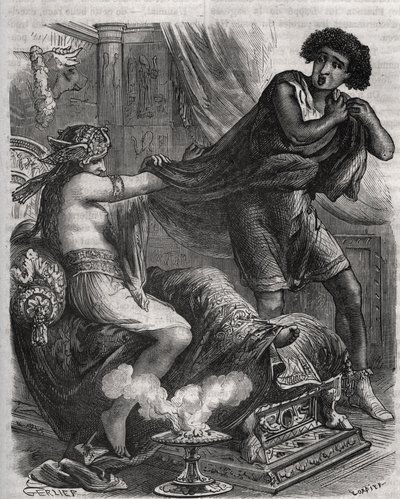Scéna z Bible: „“ Chytila příliš ctnostného mladého muže za jeho tuniku“““. Manželka Putifara (Pótifar) se snaží svést Josefa, otroka faraona. Rytina z roku 1871 v „Histoire Des Cocus Celebres““ od Henryho de Kocka (1819-1892). od French School