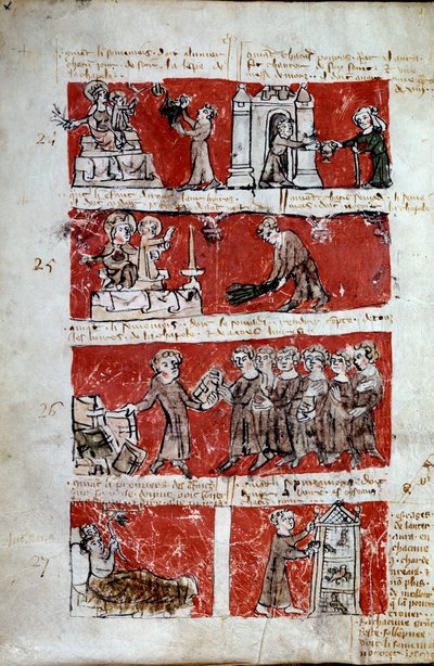 Scéna ze studentského života v pařížské koleji Hubant nebo Ave Maria Scény ze studentského života (charitativní práce, rozdávání knih, údržba dolního nádvoří) a kolejní řád. Pásma 24 až 27. Stránka rukopisu "Livre des statutes du College od French School