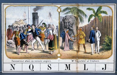 Scény s Passepartoutem a Phileasem Foggem v Indii, nemocný. ze hry „The World Tour““ od Julese Verna, n.d. koncem 19. století. od French School