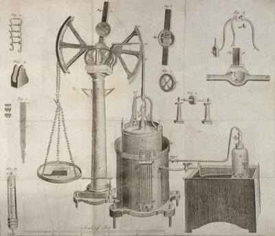 Vědecké vybavení z knihy Antoine Laurent de Lavoisier (1743-94) The Elements of Chemistry, vyryl D. Lizars, 1796. od French School