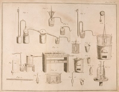 Vědecké vybavení z knihy Antoine Laurent de Lavoisier (1743-94) The Elements of Chemistry (Prvky chemie), vyryl D. Lizars, 1796. od French School
